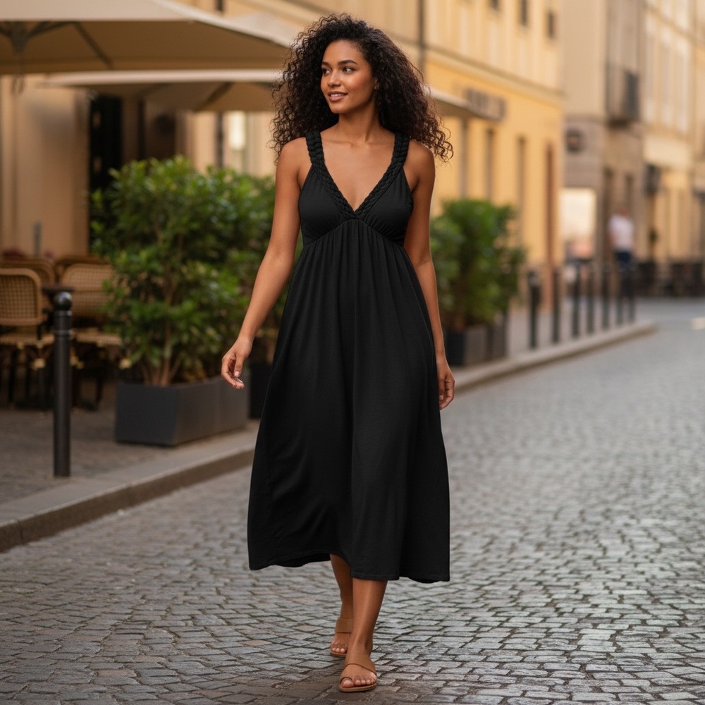 Braided Edge Black Summer Dress